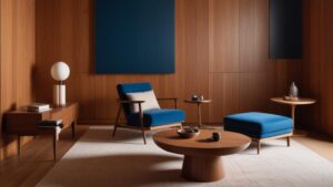 Modern interieur met wandbekleding van ayous hout, blauwe fauteuils en warme, minimalistische inrichting.