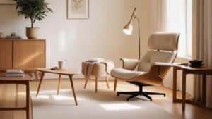 Ergonomische stoel in modern interieur met houten accenten, zachte bekleding en natuurlijke lichtinval.