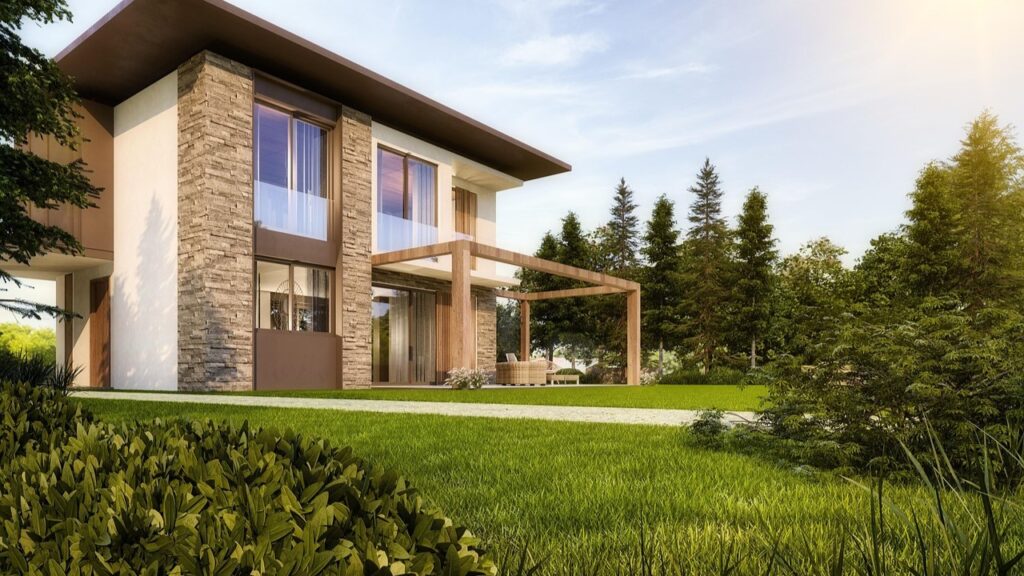 Moderne villa in een groene omgeving, perfect voorbeeld van vastgoed binnen een luxe vastgoedservice