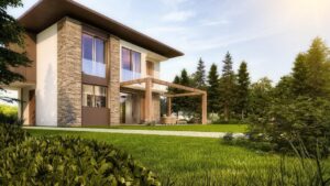 Moderne villa in een groene omgeving, perfect voorbeeld van vastgoed binnen een luxe vastgoedservice