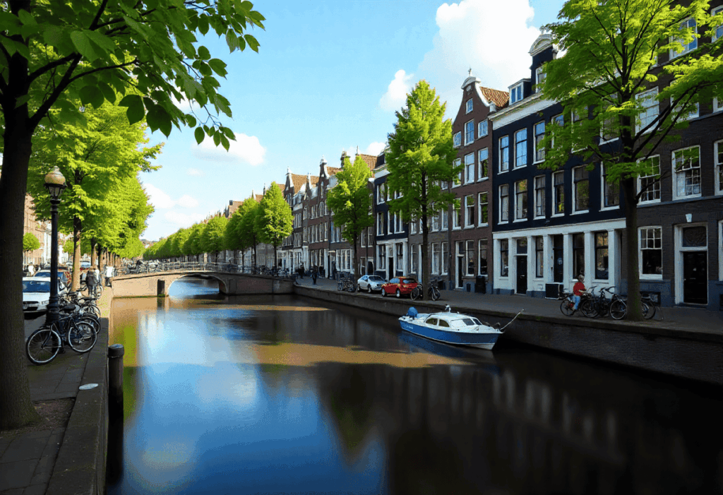 Afbeelding van een Nederlandse straat met typische bouwstijlen. 