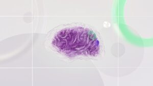 Paars-groen digitaal breinmodel symboliseert neuromarketing en luxe merken op abstracte achtergrond