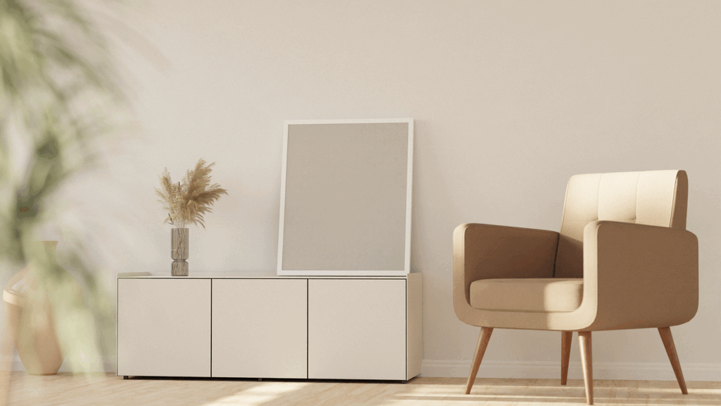 Moderne zithoek in neutrale tinten die een persoonlijke woonstijl weerspiegelt, met fauteuil, kast en decoratieve vaas.