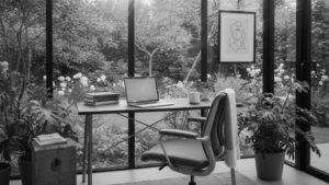 Serre als werkplek met bureau, laptop, planten en uitzicht op groene tuin