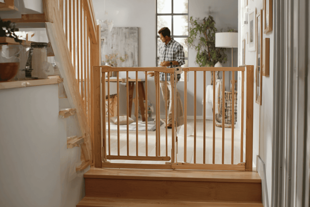 Een traphekje is geplaatst om een kind veilige woning te creëren. 